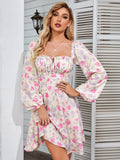 Chicdear Newasia Floral Dress Women Lantern Long Sleeve Ruched Print A Line Square Neck Tie Up Mini Vestidos Sexy Chic Summer Beach Dress