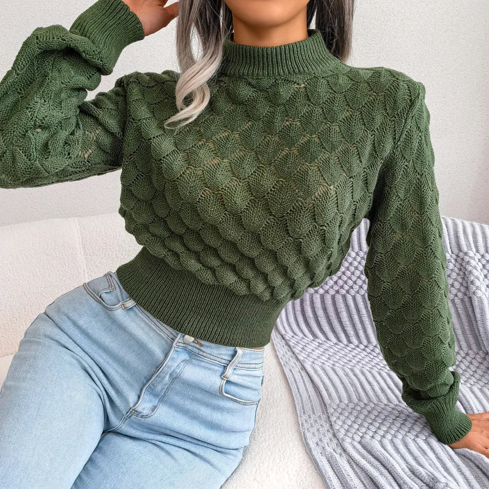 Chicdear -  Women Fashion Fall Winter 3D Diamond Cutout Long Sleeve Solid Color Chic Crop Knit Sweater