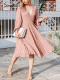 Chicdear Casual Pleated Deep V-Neck Summer Dress Women Beach Elegant Pink Puff Long Sleeve Spring Midi Dress Sexy Mujer Vestidos