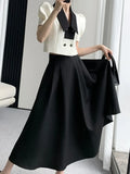 Chicdear French Elegant Two Piece Sets Vintage Office Lady Puff Sleeve White Crop Top + A Line Black Midi Skirts Suit Retro Summer Outfit