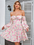 Chicdear Newasia Floral Dress Women Lantern Long Sleeve Ruched Print A Line Square Neck Tie Up Mini Vestidos Sexy Chic Summer Beach Dress