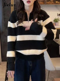 Chicdear - Ins Contrast Color Stripe Knitting Sweater Female Pullovers Korean Chicly Zipper Simple Casual 2-colors Women Pullovers