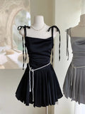 Chicdear Sexy Satin Short Dress with Belt Chain Women New Summer Solid Spaghetti Strap Slim A-line Pleated Korean Chic Y2K Party Dresses