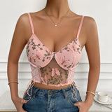 Chicdear- Spaghetti Strap Lace Camisole Crop Top Butterfly Emrbroidery Backless Boho Top