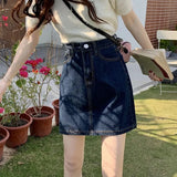 Chicdear Korean Style Denim Mini Skirts for Women Summer 2023 Dark Blue Short A Line Skirt Woman Jeans High Waist Skirts Female