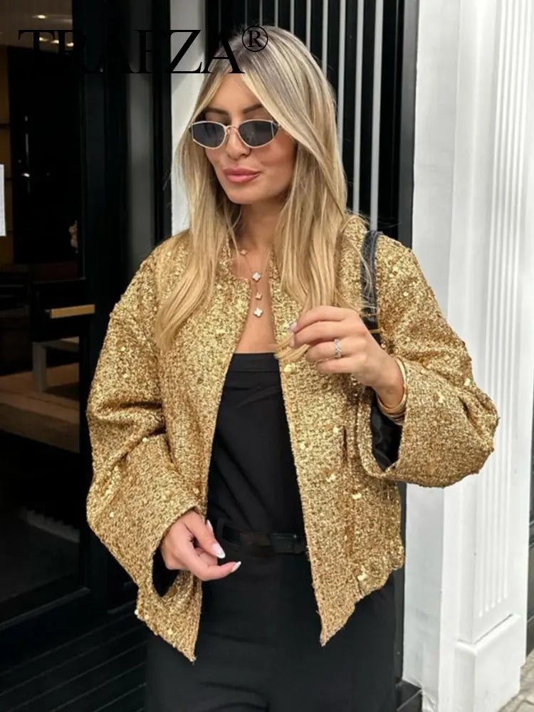 Chicdear -  Autumn Women Elegant Gold Coat Single Breasted Long Sleeve Jacket With Pockets Female Fashion Streetwear Chic Coats