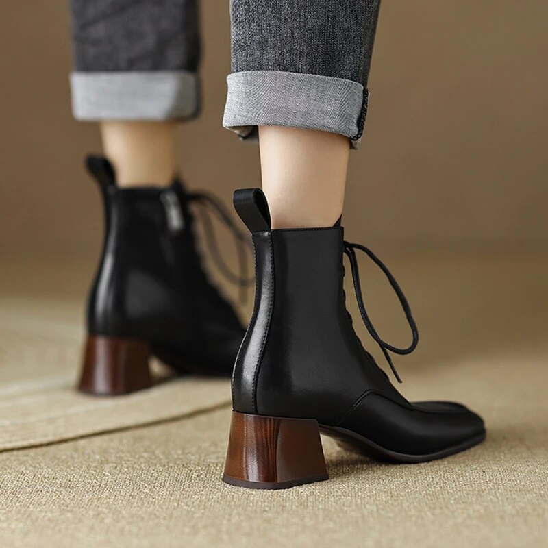 Chicdear -NEW Fall Shoes Women Square Toe Chunky Heel Shoes Women Retro Split Leather Modern Boots Concise Short Boots Women Winter Boots