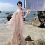 Chicdear Retro Pink Sexy Club Elegant Party Ruffles Slip Dress Women Irregular Mesh Fairy Dresses Sweet Fashion 2024 Summer Vacation Robe