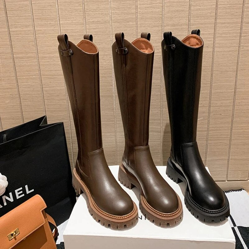 Chicdear -2023 New Autumn Women's Boots Genuine Leather Shoes for Women Round Toe Chunky Heel Women Boots Thick Heel Knee-High Boots Women