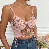 Chicdear- Spaghetti Strap Lace Camisole Crop Top Butterfly Emrbroidery Backless Boho Top