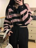 Chicdear - QWEEK Y2k Gothic Harajuku Stripped Crop Sweater Women Fairy Grunge Knitted Pullovers Hollow Out Mall Goth Tops 2023 Autumn