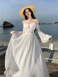 Chicdear Summer White Holiday Beach Long Dress Women Off Shoulder Backless Runway Vestidos Korean Chic A-line Sundress Clothes