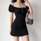 Chicdear Summer Sexy Mini Dress Women Short Sleeved Lace up Hollow Casual Backless Folds Bodycon Black Dress Party Elegant A-LINE Dresses