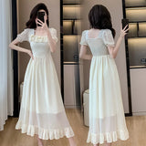 Chicdear French Vintage Midi Party Prom Princess Dresses Summer Elegant Chic Applique Square Neck Gowns Women's Bubble Sleeve Dresses