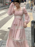 Chicdear Summer Chiffon Midi Dress Women Lace Y2K Lolita Fairycore Puff Sleeve High Waist French Vintage Evening Party Dresses Prom Robe