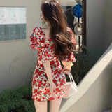 Chicdear Spring Summer Square Collar Floral Dress Women Temperament Slim Waist Bag Hip Skirt French Retro Dresses