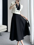 Chicdear French Elegant Two Piece Sets Vintage Office Lady Puff Sleeve White Crop Top + A Line Black Midi Skirts Suit Retro Summer Outfit