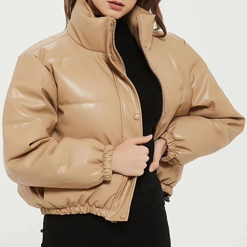 Chicdear -  Winter Thick Women Short Parkas Warm Fashion PU Leather Coats Black Cotton Padded Female Down Jacket Elegant Zipper Clothes