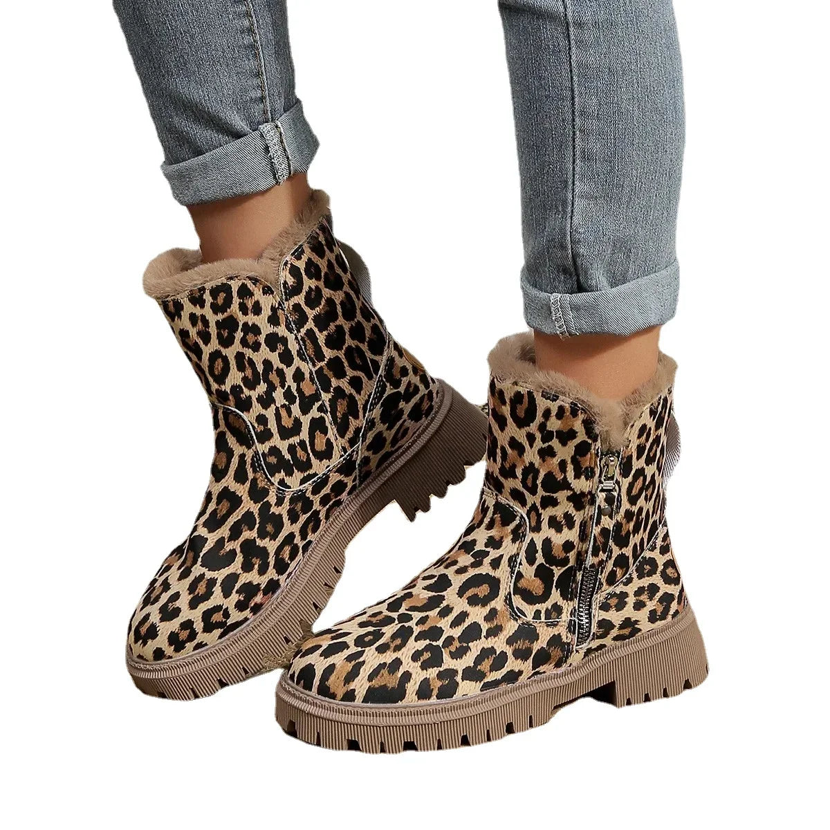 Chicdear - New Women's Winter Warm Snow Boots Non-slip Cotton Shoes Side Zipper Women's Platform Ankle Boots Leopard Warm Boots Botas Mujer