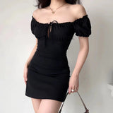 Chicdear Summer Sexy Mini Dress Women Short Sleeved Lace up Hollow Casual Backless Folds Bodycon Black Dress Party Elegant A-LINE Dresses