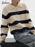 Chicdear - Ins Contrast Color Stripe Knitting Sweater Female Pullovers Korean Chicly Zipper Simple Casual 2-colors Women Pullovers