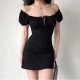 Chicdear Summer Sexy Mini Dress Women Short Sleeved Lace up Hollow Casual Backless Folds Bodycon Black Dress Party Elegant A-LINE Dresses