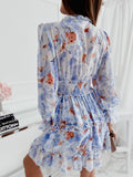 Chicdear Summer V Neck Mini Dress Women Casual Chiffon Floral Print Dress Long Sleeve Ruffles Patchwork Cake Dress Female A-line Dress