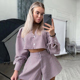 Chicdear Plaid Culottes Shorts Sets Shirt Collar Matching Suits Blouse Long Sleeve Top Outfits Summer Autumn Women Two Piece Set Fall Dresses