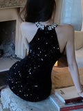 Chicdear Sexy Halter Mini Dress Women Sleeveless Rhinestone Sequins Hollow Out New Summer Shiny Evening Party Dresses Slim Clubwear