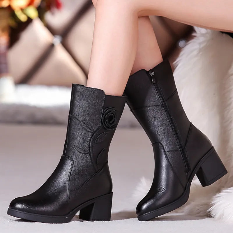 Chicdear - Women Ladies Female Mother Genuine Leather Mid Calf Boots Shoes Winter Plush Fur Warm Floral Zipper Plus Size 41 42