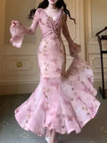 Chicdear Spring Summer New Elegant Mermaid Flare Sleeve Long Dresses Vintage Sexy Bodycon Pink Print Evening Club Robe Women Vestidos