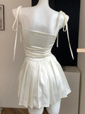 Chicdear Sexy Satin Short Dress with Belt Chain Women New Summer Solid Spaghetti Strap Slim A-line Pleated Korean Chic Y2K Party Dresses