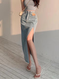 Chicdear Long Denim Skirt Vintage Women Solid High Waist  A-LINE Slim Korean Style Jean Slit Midi Skirt Summer Fashion Girl