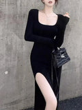 Chicdear Sexy Side Slit Dress for Women Tight-fitting Wrap Hip Over-the-knee Long Sleeved Dresses Black Street Bodycon Spring Autumn