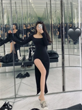 Chicdear Sexy Side Slit Dress for Women Tight-fitting Wrap Hip Over-the-knee Long Sleeved Dresses Black Street Bodycon Spring Autumn