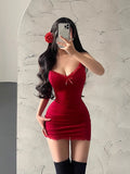 Chicdear Sexy Summer Mini Dress Women Lace Red Camisole Sundress Sleeveless V-Neck Basic Bodycon Dresses Lady Club Party Y2k Clothes