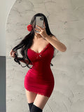 Chicdear Sexy Summer Mini Dress Women Lace Red Camisole Sundress Sleeveless V-Neck Basic Bodycon Dresses Lady Club Party Y2k Clothes