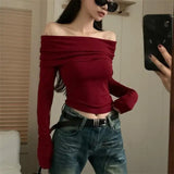 Chicdear Sexy Tops Off Shoulder Long Sleeve Crop Top Women’s Autumn/Winter 2023 New Spicy Girl Slim Fit Short Red T-shirt