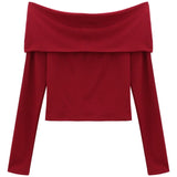 Chicdear Sexy Tops Off Shoulder Long Sleeve Crop Top Women’s Autumn/Winter 2023 New Spicy Girl Slim Fit Short Red T-shirt