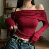 Chicdear Sexy Tops Off Shoulder Long Sleeve Crop Top Women’s Autumn/Winter 2023 New Spicy Girl Slim Fit Short Red T-shirt