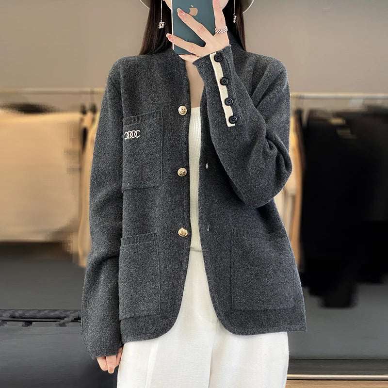 Christmas gift    Autumn and Winter New 100% Pure Wool Cardigan Sweater Women's Knitted High Quality Standing Collar Women's Cashmere Coat Sweater
