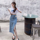 Chicdear To Knees Length Womens Denim Skirt with Slit Clothing Ripped Skirts for Women Summer 2023 Aesthetic High Quality Casual V Jeans