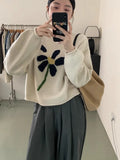 Christmas gift    Women Floral Knitted Sweater Elegant Vintage Long Sleeve Pullover Lady Loose Floral Silhouette Sweater Korean White Jumpers