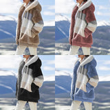 Chicdear -  Women's Overcoat Autumn Winter American Style Loose Casual Contrast Colors Zipper Hooded Lint Thermal Overcoat