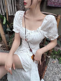 Chicdear Y2K Long Dresses for Women Puff Sleeve Lace-up A-line Off Shoulder Club Party Dress Summer New Korean Chic One Piece Vestido