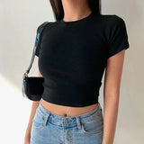 Chicdear Short Sleeve T-Shirt Women Solid Simple Casual Soft All-Match Basic Crop Tops Tees Summer Fashion Skinny Tops Black White