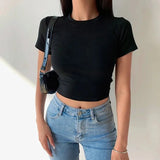 Chicdear Short Sleeve T-Shirt Women Solid Simple Casual Soft All-Match Basic Crop Tops Tees Summer Fashion Skinny Tops Black White