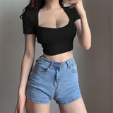 Chicdear Square Collar Splicing Slim Sexy Crop Top Women Casual Short Sleeve Tops Tee Shirt Pullover Summer Skinny T-Shirt Woman