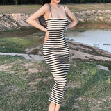 Chicdear Striped Knitted Slim Dresses Women’s Summer Skinny Sleeveless Bodycon Long Dress Casual Holiday Wrap Hip Sundress