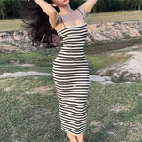 Chicdear Striped Knitted Slim Dresses Women’s Summer Skinny Sleeveless Bodycon Long Dress Casual Holiday Wrap Hip Sundress